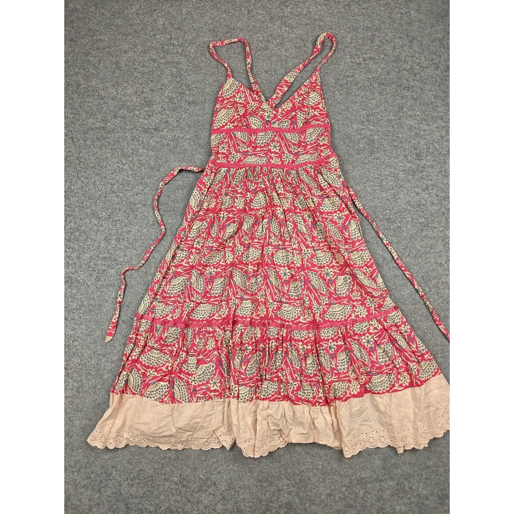 Free People Dress Womens 8 Pink Floral Cotton Smocked Sundress Midi Lace Boho - Picture 5 of 9